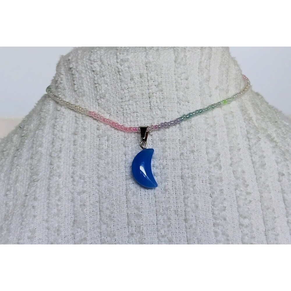 Blue Chalcedony Crescent Moon Pink & Blue Seed Bead Choker Necklace 13-15 in